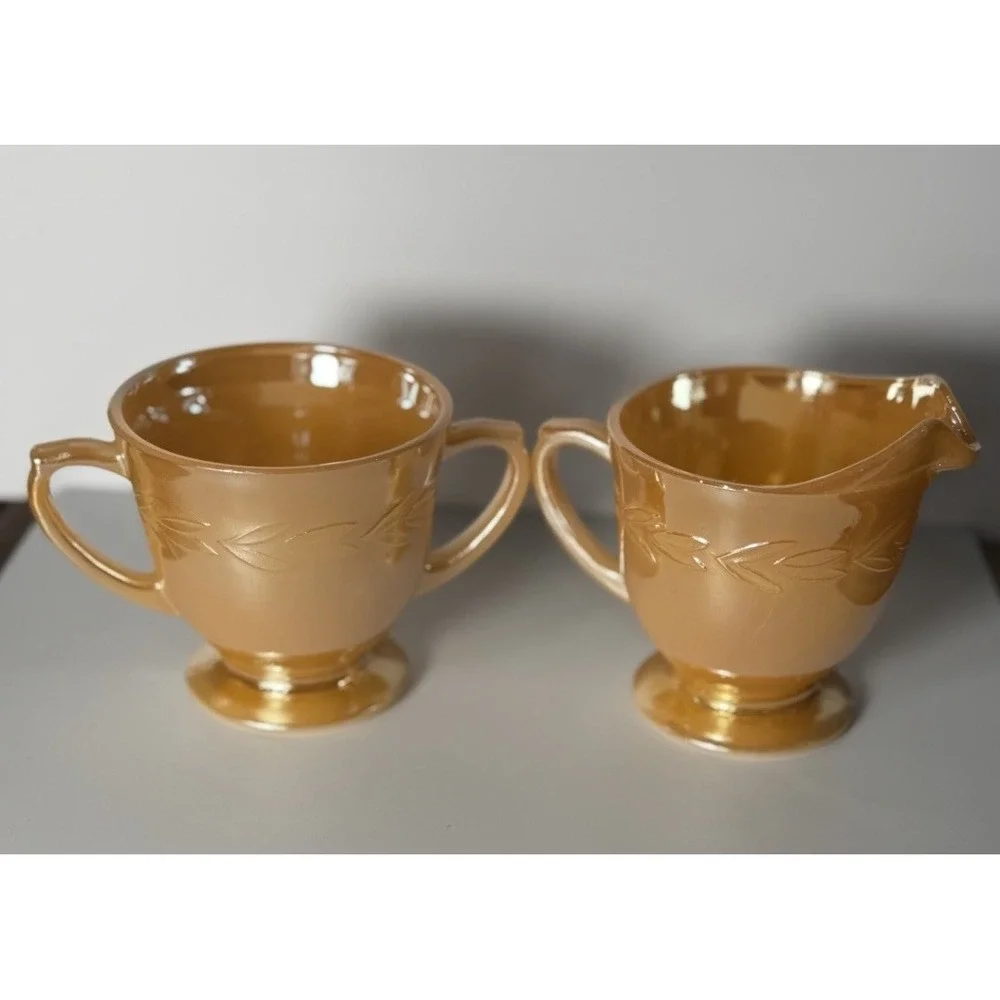Fire King Oven Ware Peach Luster / Laurel Leaf Cream and Sugar Bowl Set Vintage